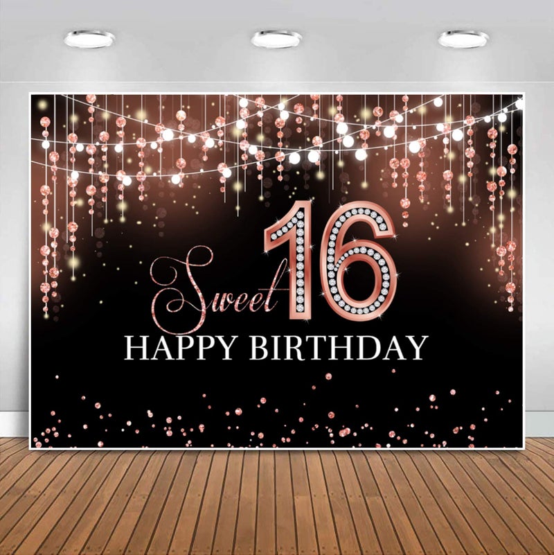 Sensfun Sweet 16 Birthday Party Backdrop Rose Gold Shiny Glitter Dots Diamond Princess Sweet Sixteen Photography Background for Girls Happy 16th Birthday Decorations Banner Photo Booth Backdrops 7x5ft - Image 1